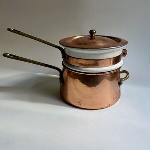 Vintage Double Brass Handled Copper & Ceramic Bain-Marie